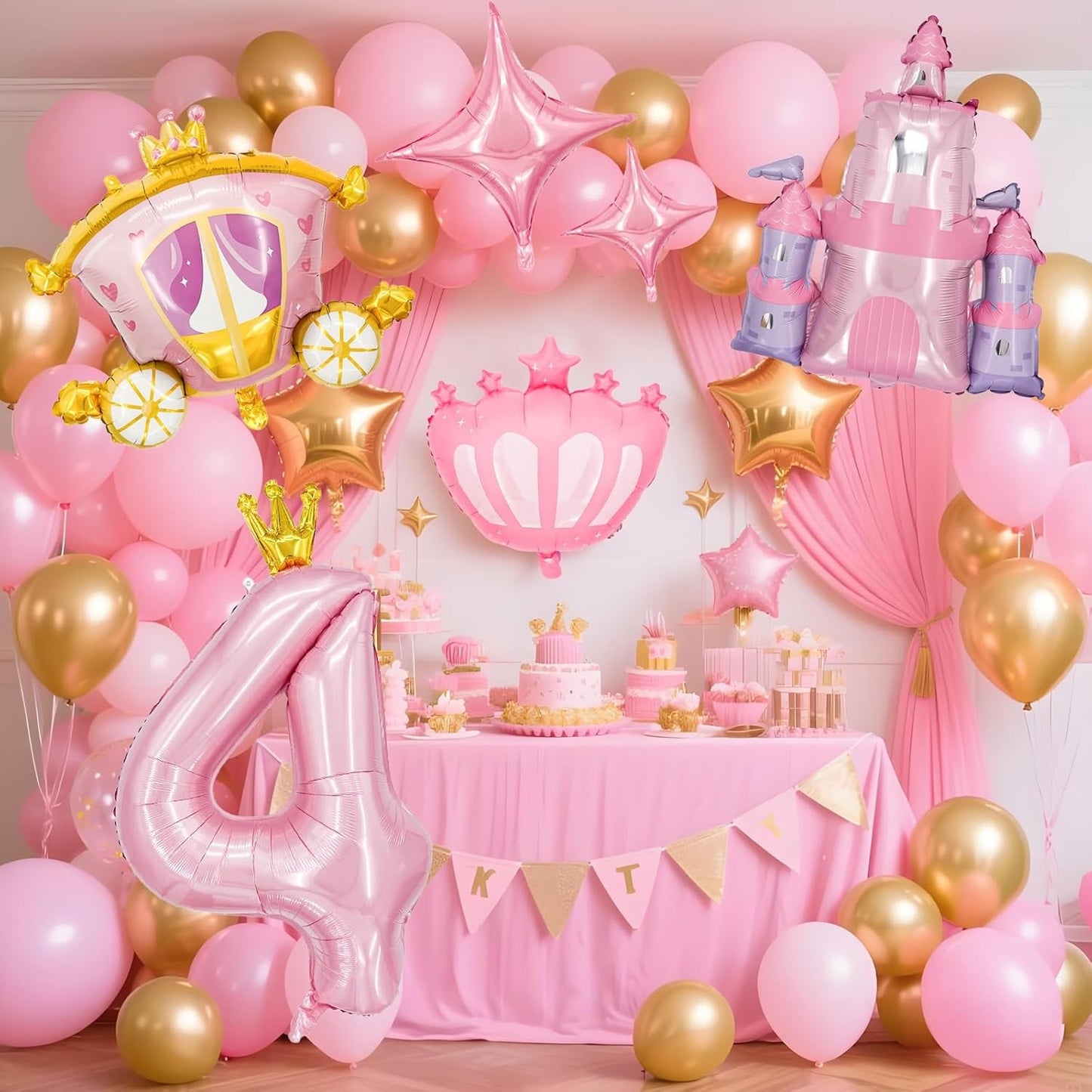6-Piece Princess Theme Party Decoration Set: Princess Carriage + Pink Castle + 40-inch Numbers + Crown Heart + Star Foil Balloon