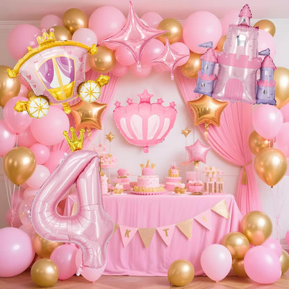 6-Piece Princess Theme Party Decoration Set: Princess Carriage + Pink Castle + 40-inch Numbers + Crown Heart + Star Foil Balloon