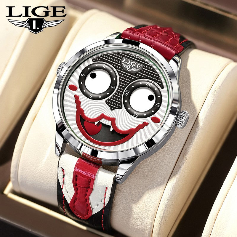 LIGE 2025 Creative Watches For Men Clown Fashion Quartz Wristwatches Waterproof Leather Strap Mens Watch Cool Joker Reloj Hombre