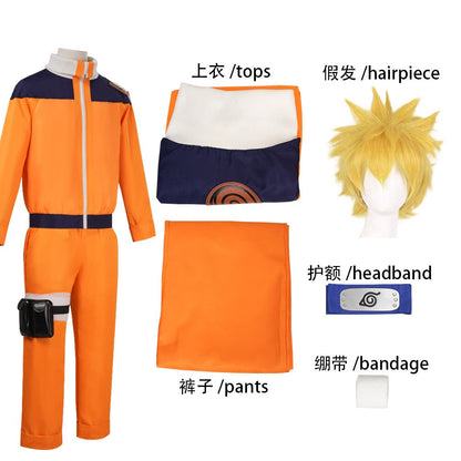 Uzumaki Cosplay Costume Orange Clothes with Headband & Kunai Pouch Pre-Shippuden Genin Ninja Outfit Blonde Wig Unisex Adult Hall