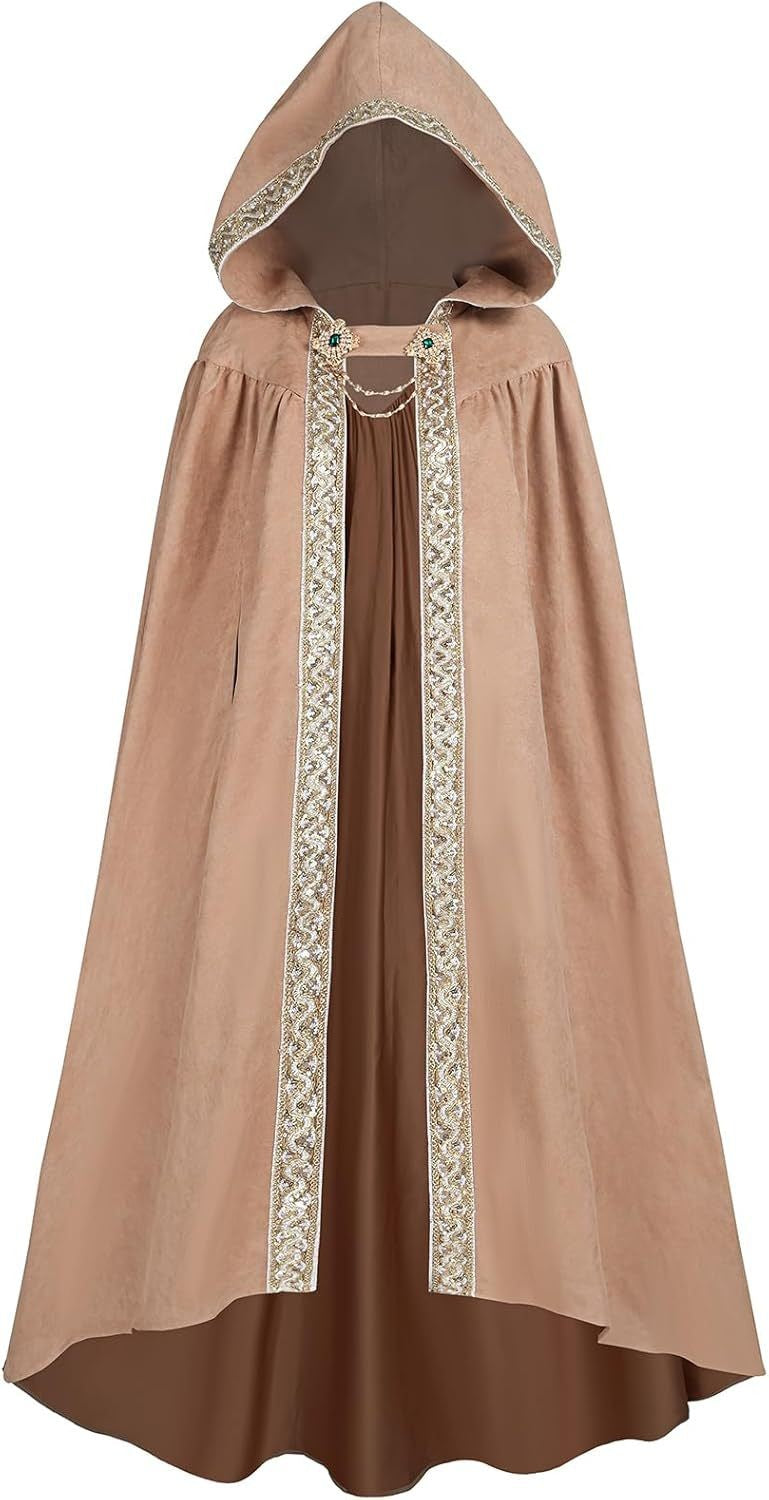 Medieval Lace Trim Hooded Cape 130cm Long Renaissance Wizard Witch Cloak Women Men Halloween Cosplay Costume