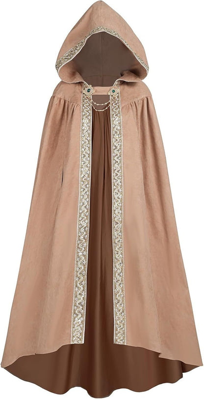 Medieval Lace Trim Hooded Cape 130cm Long Renaissance Wizard Witch Cloak Women Men Halloween Cosplay Costume