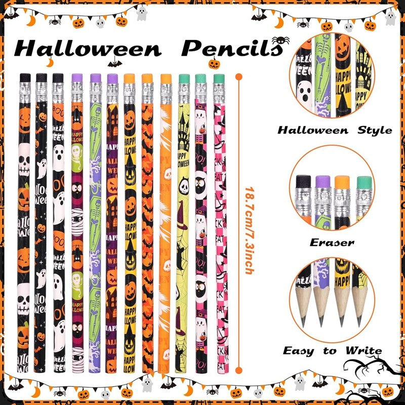 12/24Pcs Skull Goost HB Writing Pencils Stationery Gift for Halloween Party Favors Goodie Bag Fillers Trick or Treat Supplies
