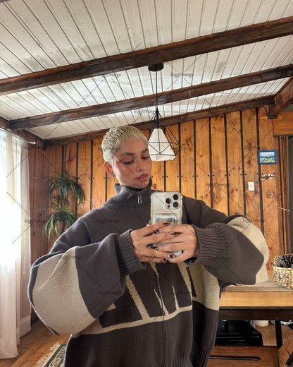 Trendy Streetwear Harajuku Hip-hop Oversized Double Zipper Cardigan Men Y2K Punk Casual Autumn Winter Warm Loose Sweater Women