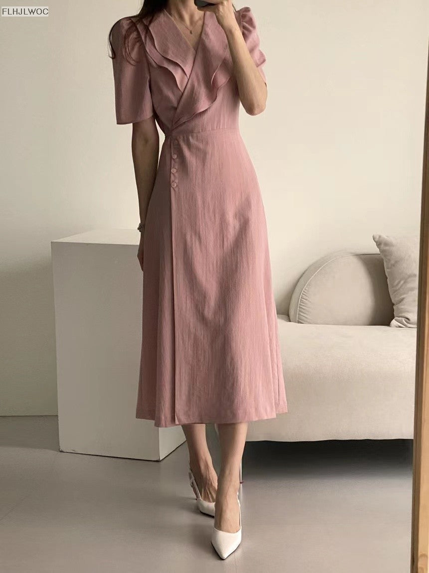 South Korea Chic Midi Dress Women Summer Japan Style Retro Vintage Design Ruffle