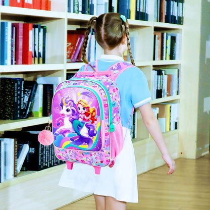 4PCS Rolling Bookbag for Girls, Cute Kids Mermaid Wheeled Backpack?Unicorn Roller School Bag with Wheels for Elementary Preschoo