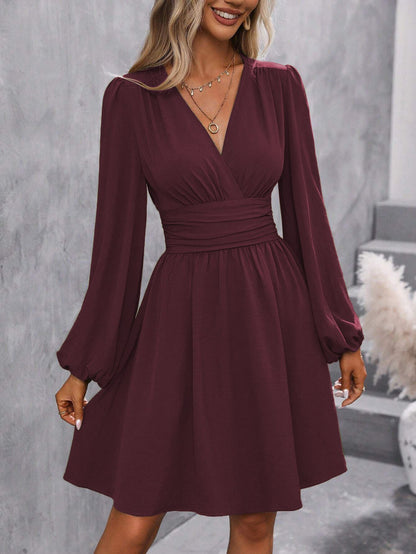 Dresses 2025 Woman Clothing V Neck Lantern Sleeve Wrap Mini Dress Ruched Waist Flowy Hem Elegant for Autumn and Party Styles ?