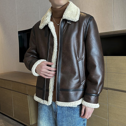 Autumn and winter warm thick leather jacket for men's trendy slim fit lapel motorcycle suit men's leather jacket