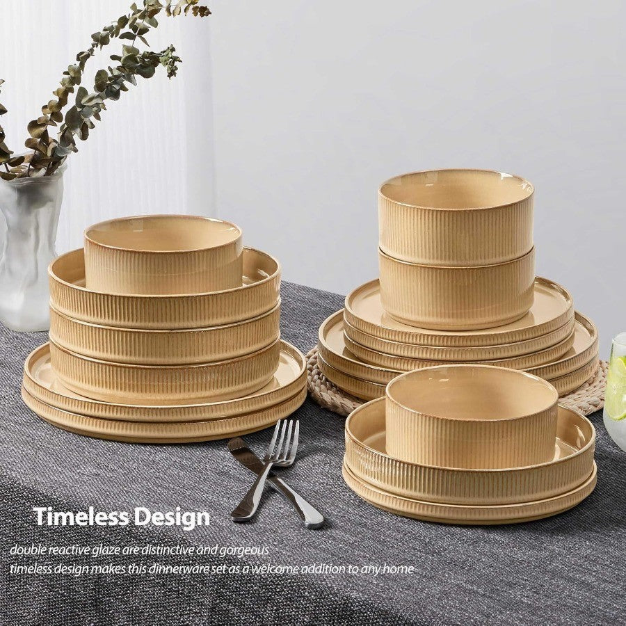 16 Piece Dinnerware Sets with Double Bowls Ceramic Plates and Bowls Set for 4 Ribbed Stoneware Dishes Microwave and Dishwasher