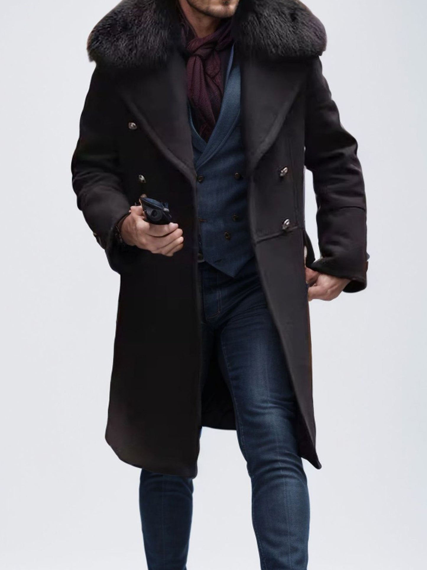 Men s Classic Double Breasted Trench Coat with Removable Fur Collar Mid-Length Wool Blend Overcoat for Winter Warmth