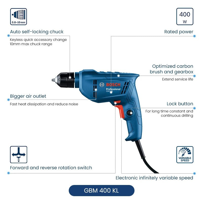 Furadeira Manual Elétrica Bosch, Chave de Fenda Elétrica, Ferramenta Doméstica Pequena de Velocidade Única, Multifuncional GBM400KL, Travamento Automático