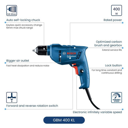 Furadeira Manual Elétrica Bosch, Chave de Fenda Elétrica, Ferramenta Doméstica Pequena de Velocidade Única, Multifuncional GBM400KL, Travamento Automático