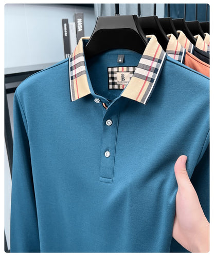 Luxury brand long sleeve polo shirt men comfortable casual autumn item silk cotton high-end Korean fashion plaid lapel T-shirt