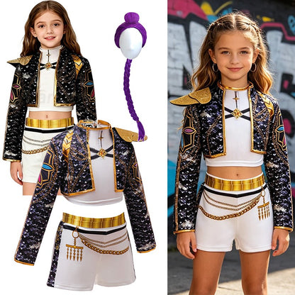 Girls Black?Gold 3D Printed Jacket Shorts Cosplay Set Kids Outfit for Stage Show Birthday Party Halloween Carnival Dress?Up