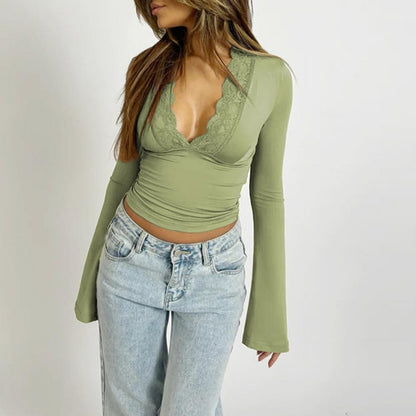 Women's Blouses Sexy Lace Deep V Neck Long Bell Sleeves Top Slim Fit Low Cut Sheer Mesh Shirt For Spring Fall Women's Clothing