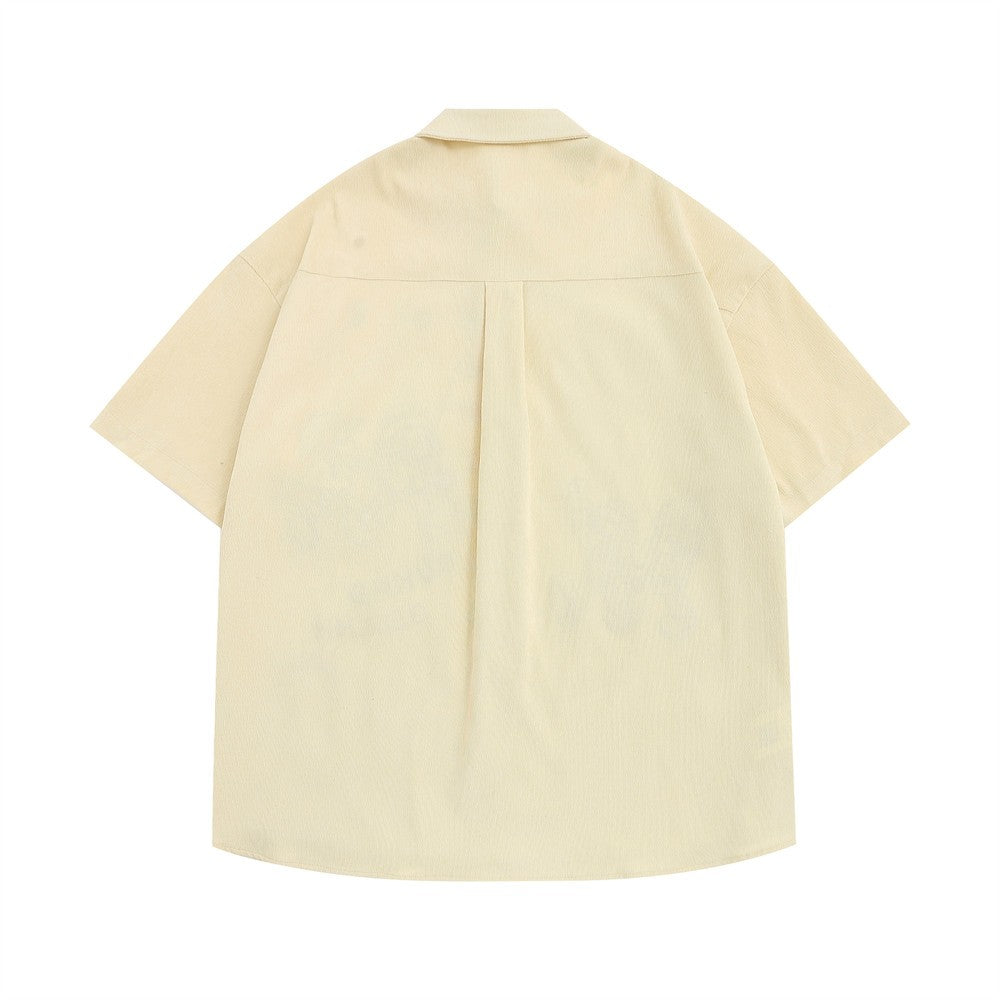 Cartoon Embroidery Cargo Shirts Mens Summer Retro Casual Streetwear Lapel Single Breasted Short Sleeve Shirts Men