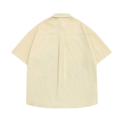 Cartoon Embroidery Cargo Shirts Mens Summer Retro Casual Streetwear Lapel Single Breasted Short Sleeve Shirts Men