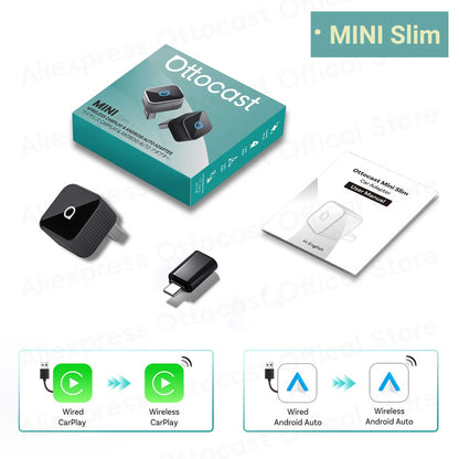 Adaptador OTTOCAST Mini Slim Cube sem fio para CarPlay e Android Auto, 2 em 1, USB, acessórios inteligentes para carro VW Haval Audi Kia Porsche Lexus