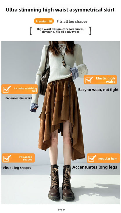 Caramel Suede Half-length Skirt Women's Autumn Winter New Irregular Belt Slim A- Line Midi Umbrella Skirt Comfortable Casual S .