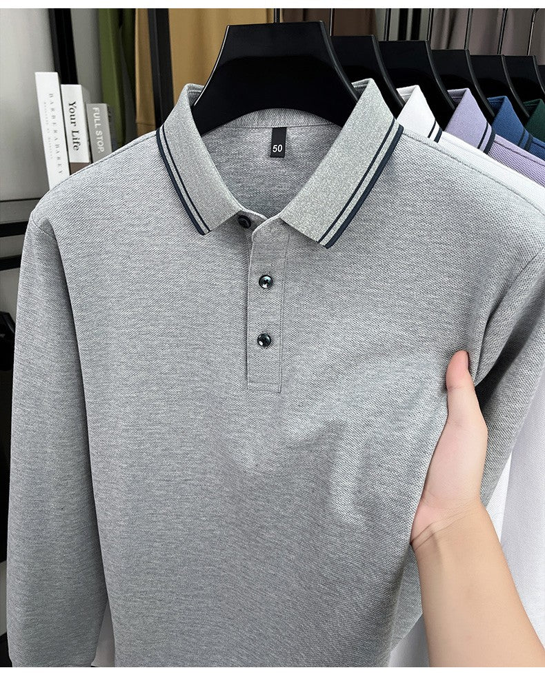 100% pure cotton high-quality long sleeve polo shirt men's autumn new style comfort casual luxury double striped lapel T-shirt