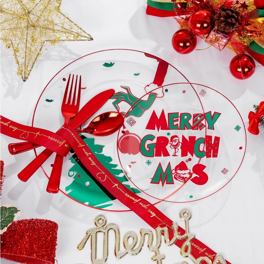 210 Peças Pratos Plásticos Transparentes Monstro Verde Conjunto Descartável de Louça de Natal Inclui 30 Pratos de Jantar, 30 Pratos de Sobremesa, 30 Garfos