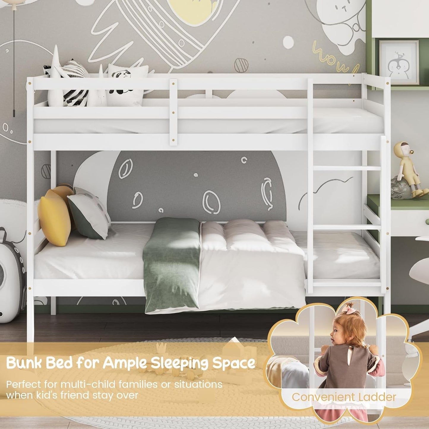Beliche de Madeira Maciça Branca Twin Over Twin com Escada Resistente e Grades de Proteção de 12 Polegadas, Cama de Madeira Tamanho Twin F