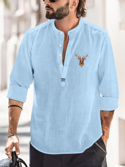 2025 Men's fashionable spring and autumn leisure beach style solid color top collarless creative pattern shirt