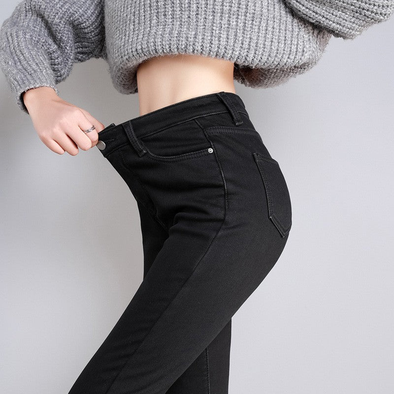 New Women Thermal Jeans Winter Snow Warm Plush Stretch Jeans Lady Skinny Thicken Students Denim Pants Fleece Mom Fur Trousers