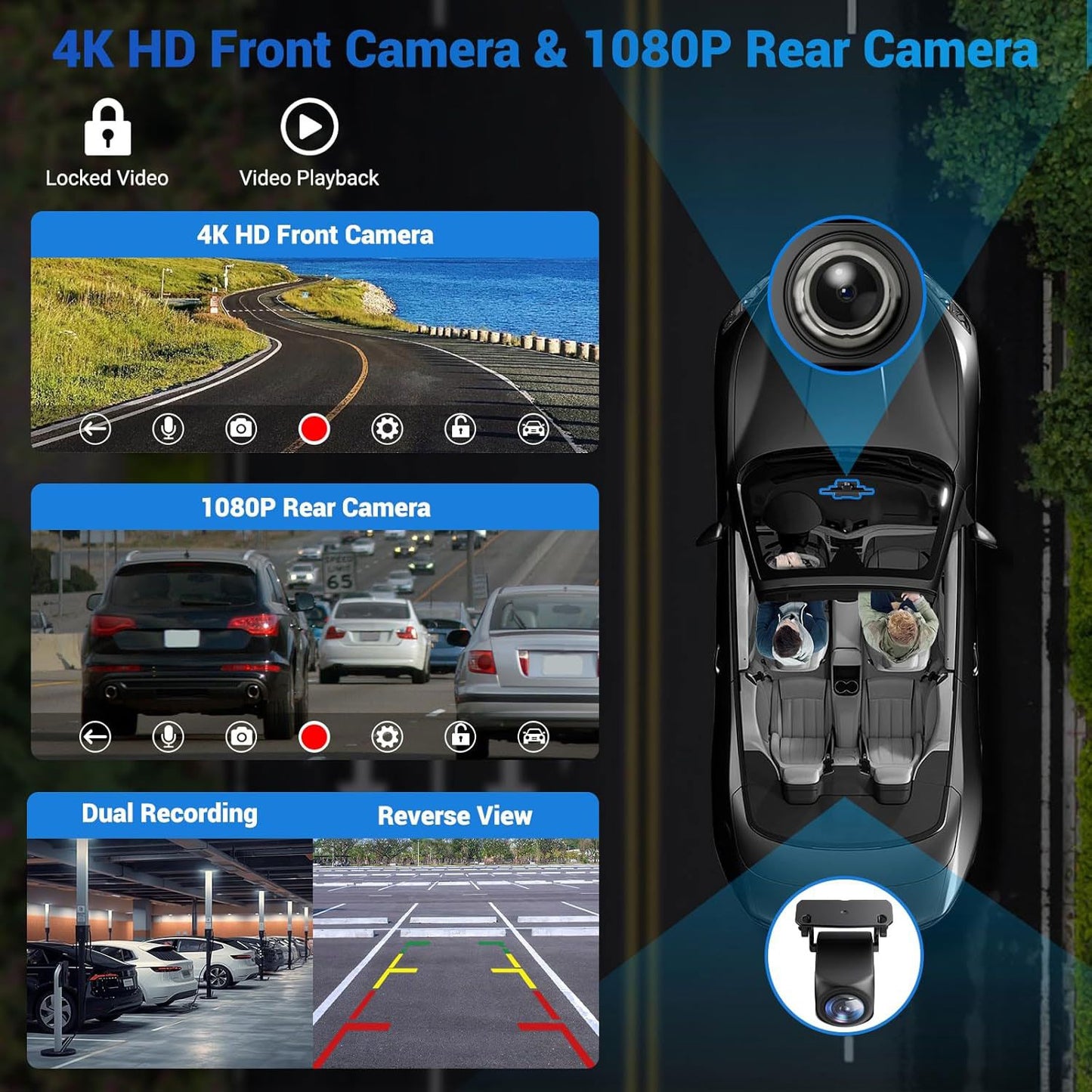 Gravador de Vídeo DVR 4K de 10/11,26 Polegadas com CarPlay e Android Auto Sem Fio, Câmera Veicular, Áudio Bluetooth, Navegação GPS e Duas Lentes para Painel