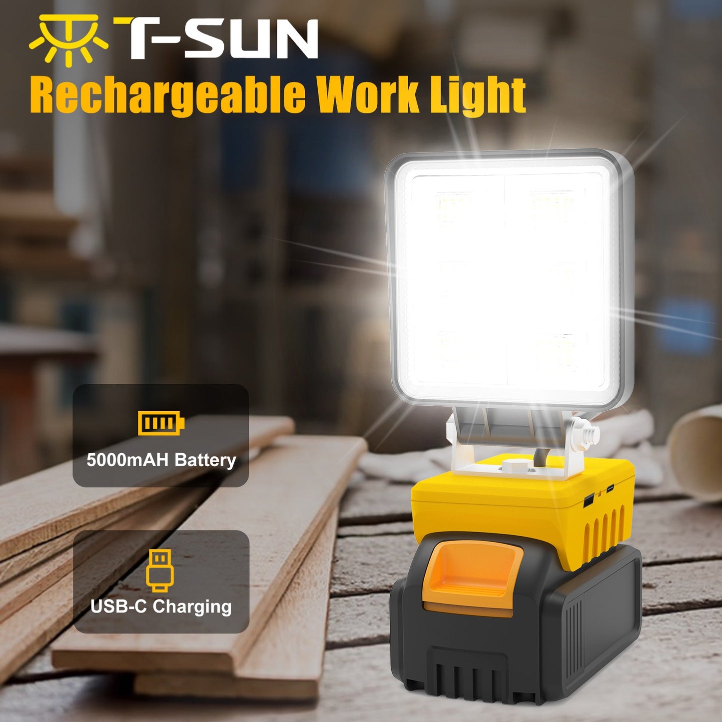 Portable 48W 5200LM LED Work Light Cordless Work Light Adjustable Base Rechargeable LED Flood Light for DeWalt No Battery
