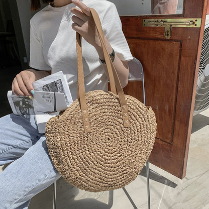 Summer Round Straw Bags for Women Rattan Shoulder Bag Travel Handmade Woven Beach Handbags Female Large Capacity Totes Bag