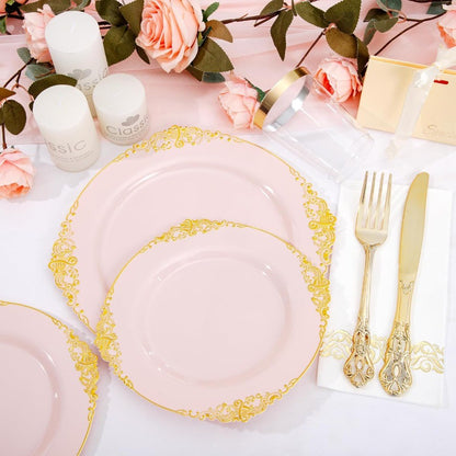 700PCS Pink Plastic Plates Pink and Gold Plates Luxury Pinks Plastic Dinnerware Set Include 200 Pinks Disposable Plates 300 Hea
