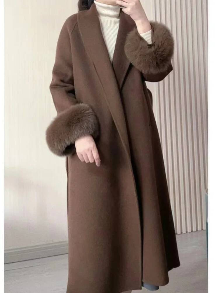 [EWQ] Wool Fox Fur Sleeve Women Coat Elegant Clothing Autumn 2025 Winter Double-sided Jacket Big Size Wine Red Overcoats 16O2751