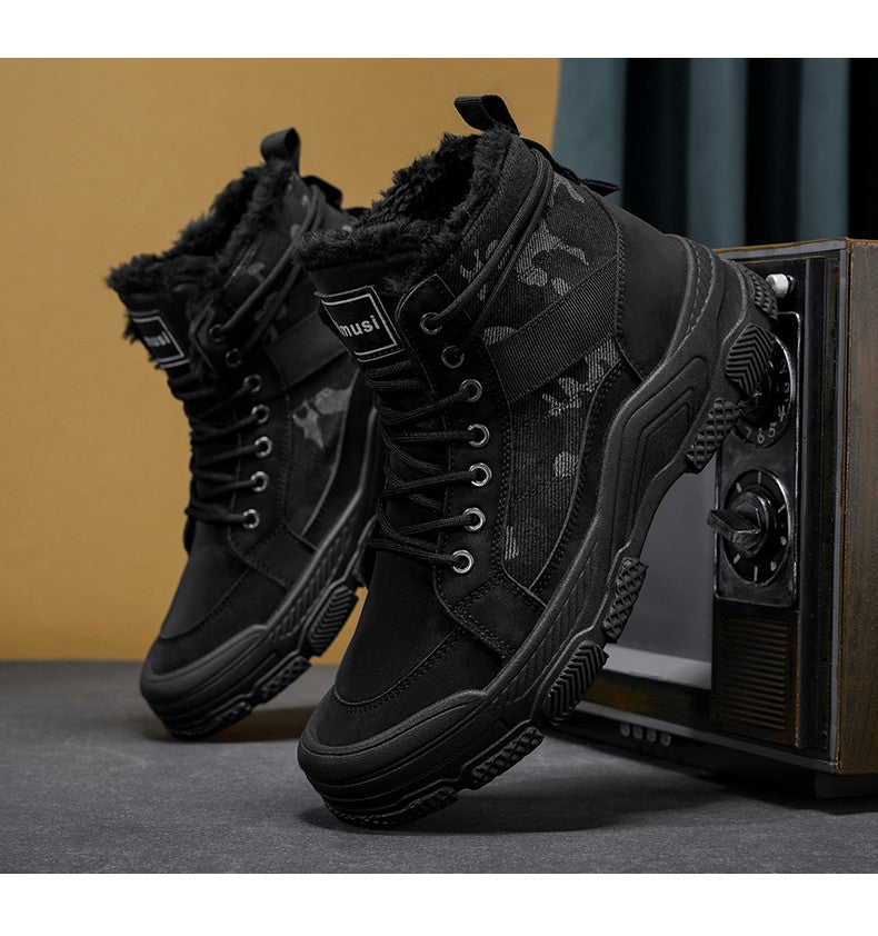 Winter Fleece Warm High-top Men's Shoes Trendy Casual Outdoor Solid Color Mid-top Fashionable Round Toe Plus-size Snow Boots