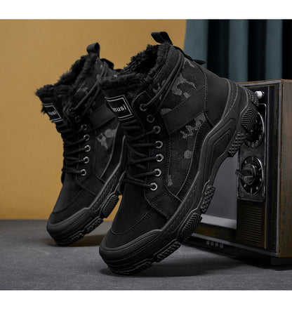 Winter Fleece Warm High-top Men's Shoes Trendy Casual Outdoor Solid Color Mid-top Fashionable Round Toe Plus-size Snow Boots