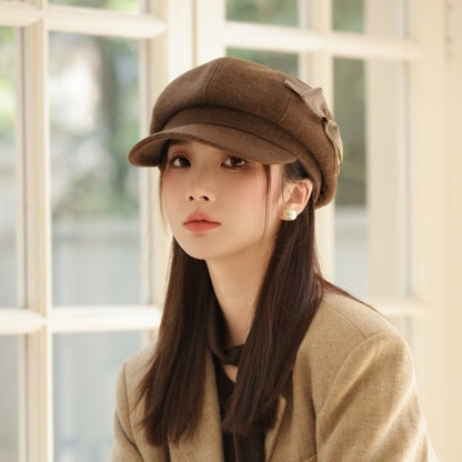 Retro Wool Bow Beret Solid Color Warm Painter Hat Versatile Y2k Newsboy Hat Female