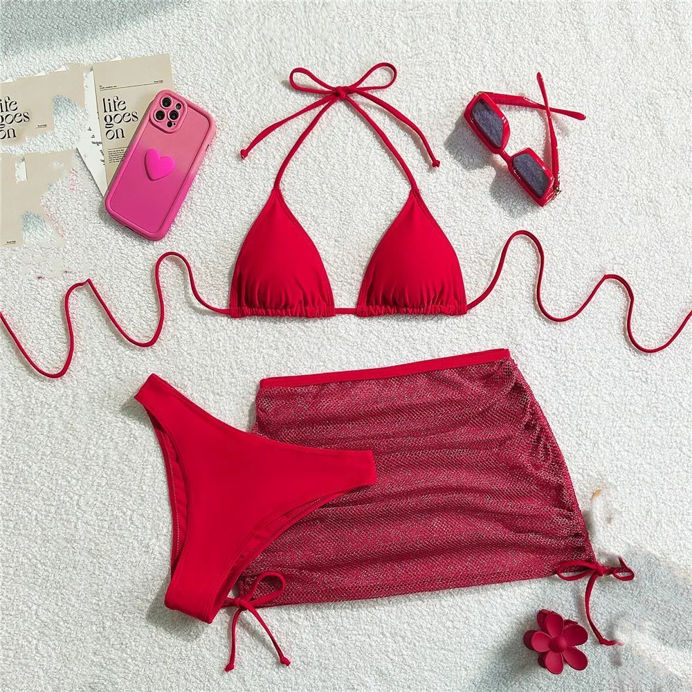 Solid Brown Swimwears String Halter Triangle 3 Piece Bikini Set Sexy Swimsuit Women 2025 Mesh Skirts Bathing Suit Bikinis Dames