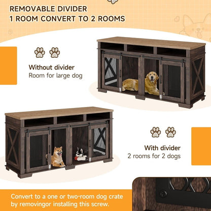 Móveis de Caixa para Cachorros de 180cm para 2 Cães, Canil com 3 Gavetas de Armazenamento e Divisória Removível, Gaiola Dupla Extra Grande para Cães como Suporte de TV