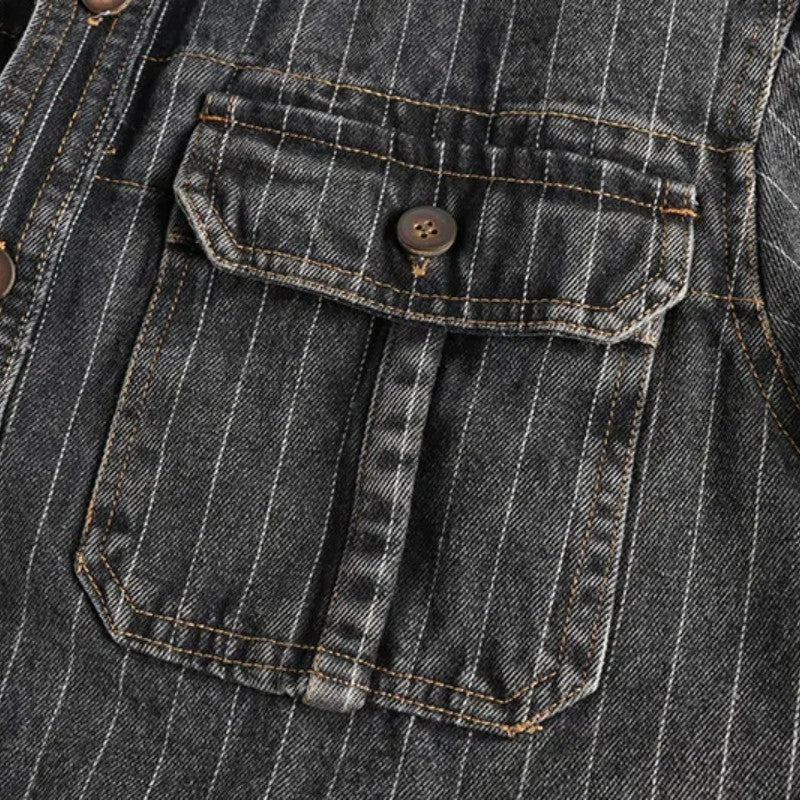 Heavy British retro black gray striped denim shirt for men new autumn end single cargo pocket shirt coat