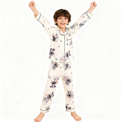 2pcs Stitch Print Kids Pajama Set for Boys and Girls Long Sleeve Top & Pants Set Stitch Lilo Comfy Set Button Down Loungewear