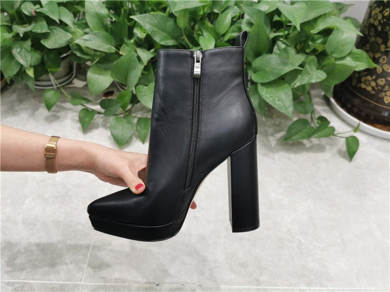 Onlymaker Women Pointed Toe Ankle Boots Black Matte Flock Chunky Heel Platform Booties Party Shoes Large Size Short Boots