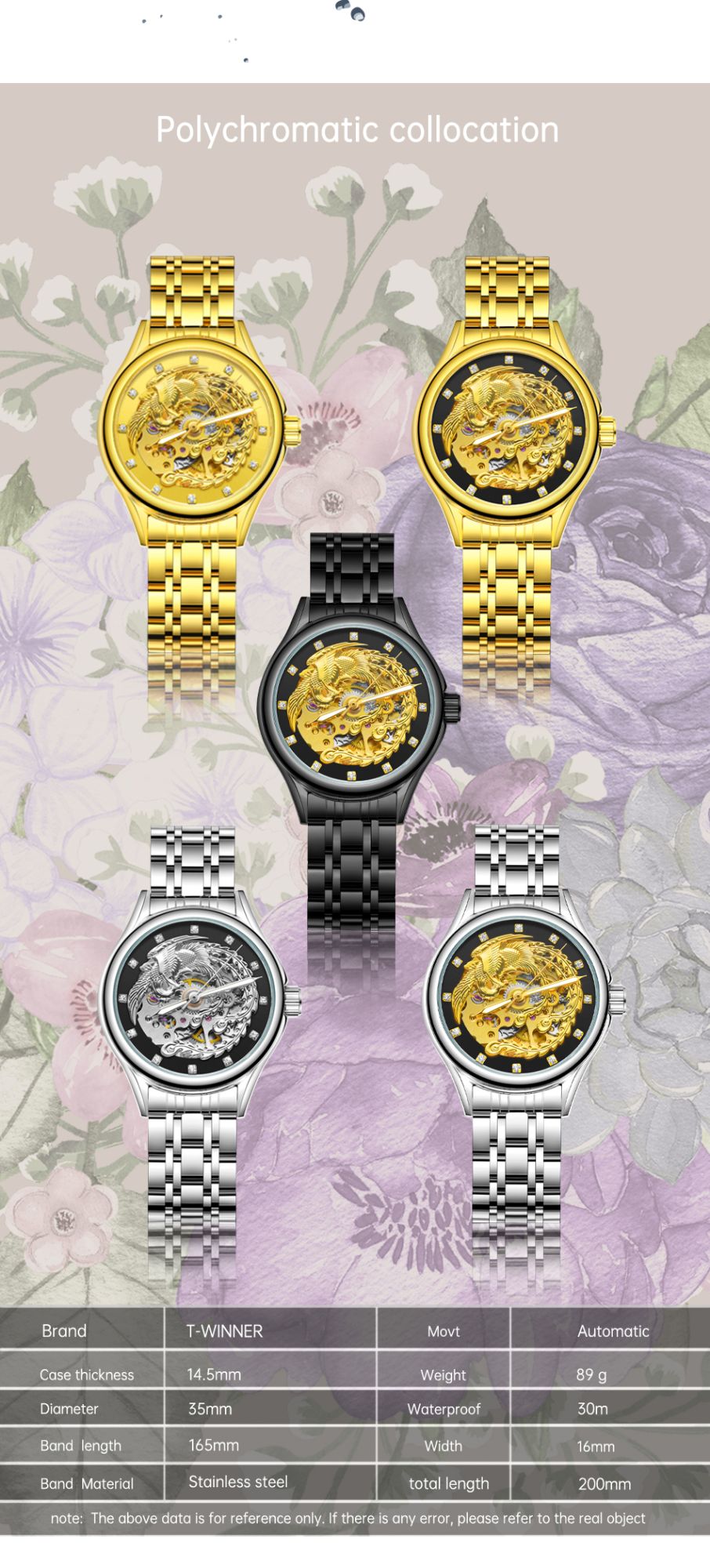 2024 Diamond Steel Skeleton Dial Golden Phoenix Women Fashion Automatic Watch Luxury Waterproof Mechanical Girl Wrist Lady Clock