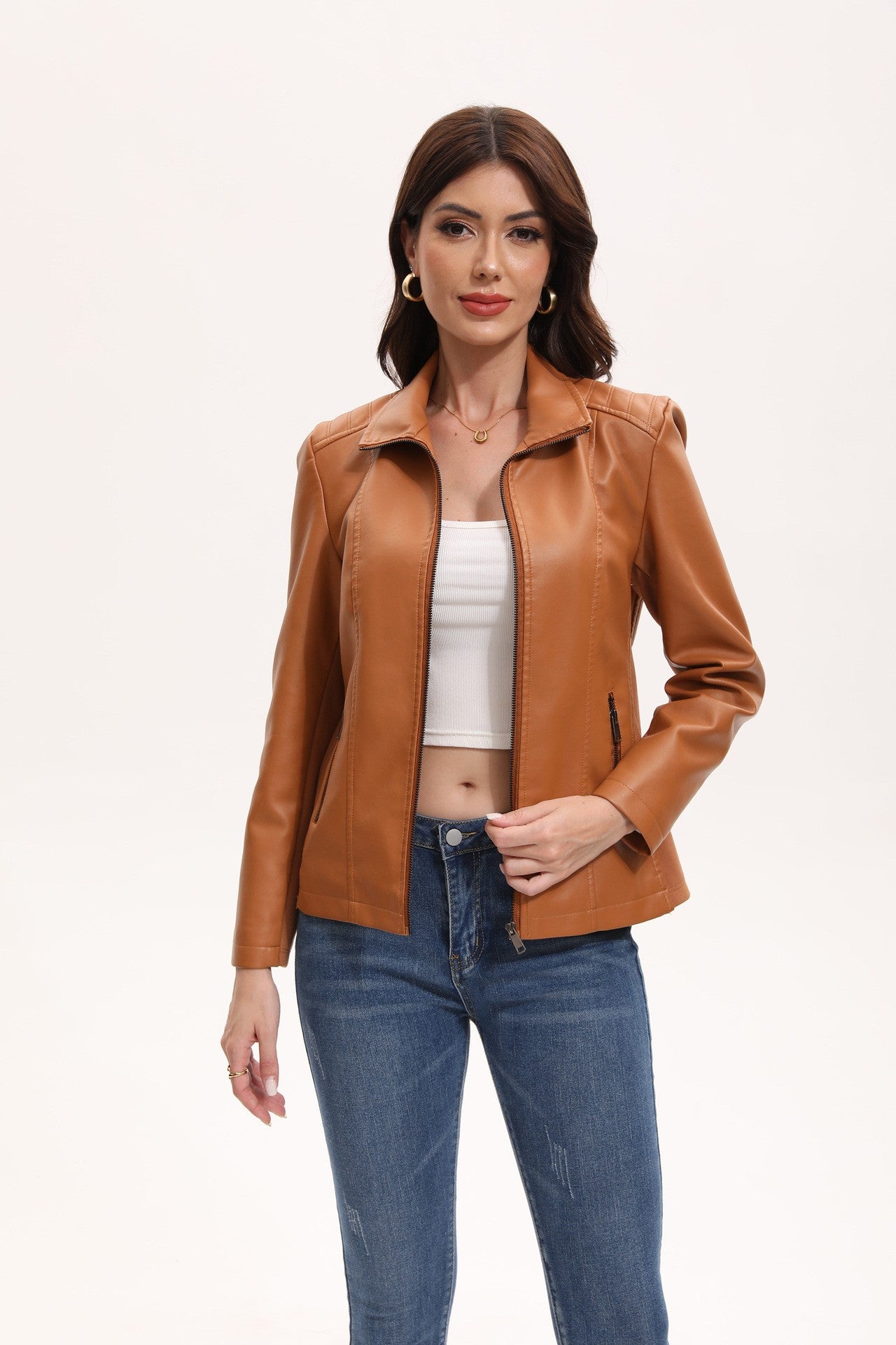 2025 Women’s Stylish Brown Faux Leather Jacket - Slim Fit, Trendy Moto Style with Zipper Detail PU Coat.