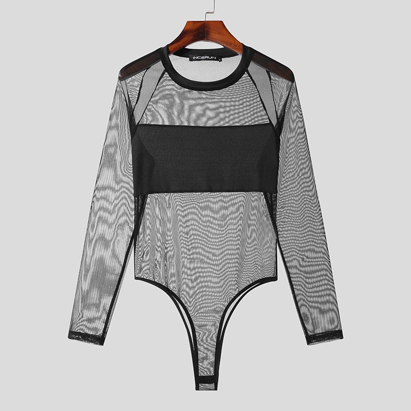 Men Bodysuits Mesh Patchwork O-neck Long Sleeve Sexy Rompers Male T Shirts Fitness Transparent 2023 Fashion Bodysuit INCERUN