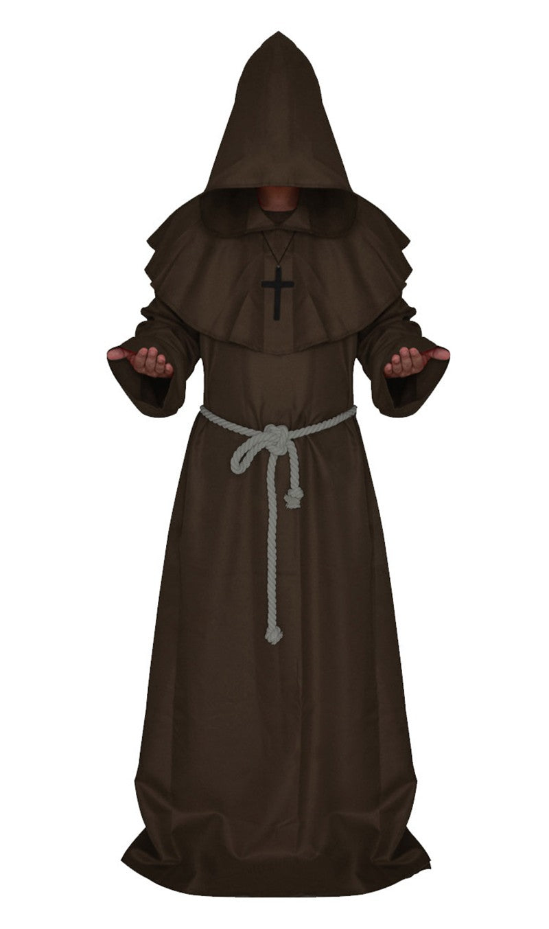 Medieval Monk Cosplay Wizard Hooded Robe Steampunk Priest Horror Cloak For Men Unisex Mask Hat Costume Halloween Masquerade Cape