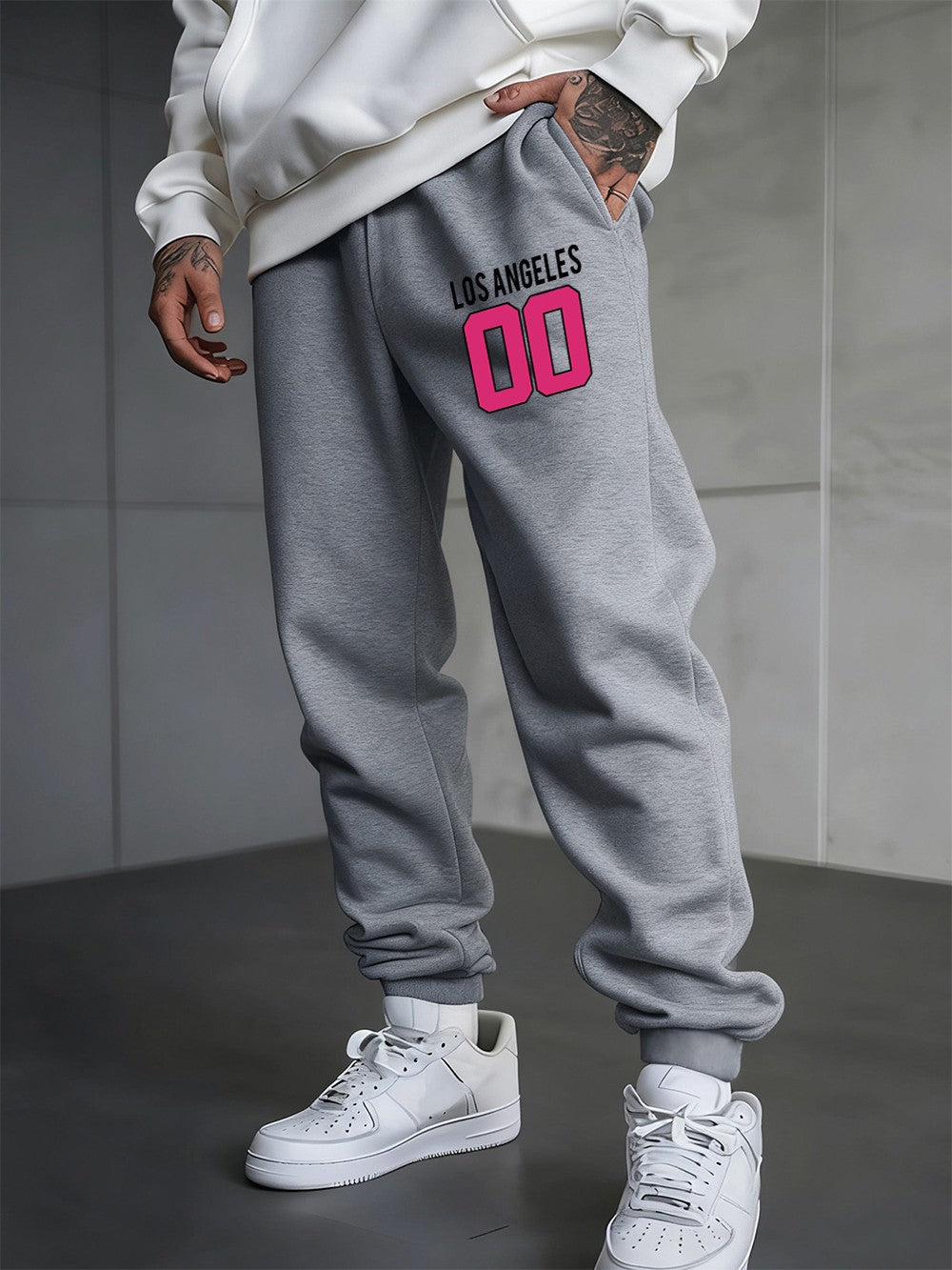 Los Angeles 00 Calça Moletom Estampada Masculina Outono Jogger Calça de Moletom Quente Elástico na Cintura Calça de Moletom Básica com Bolso Roupa Masculina