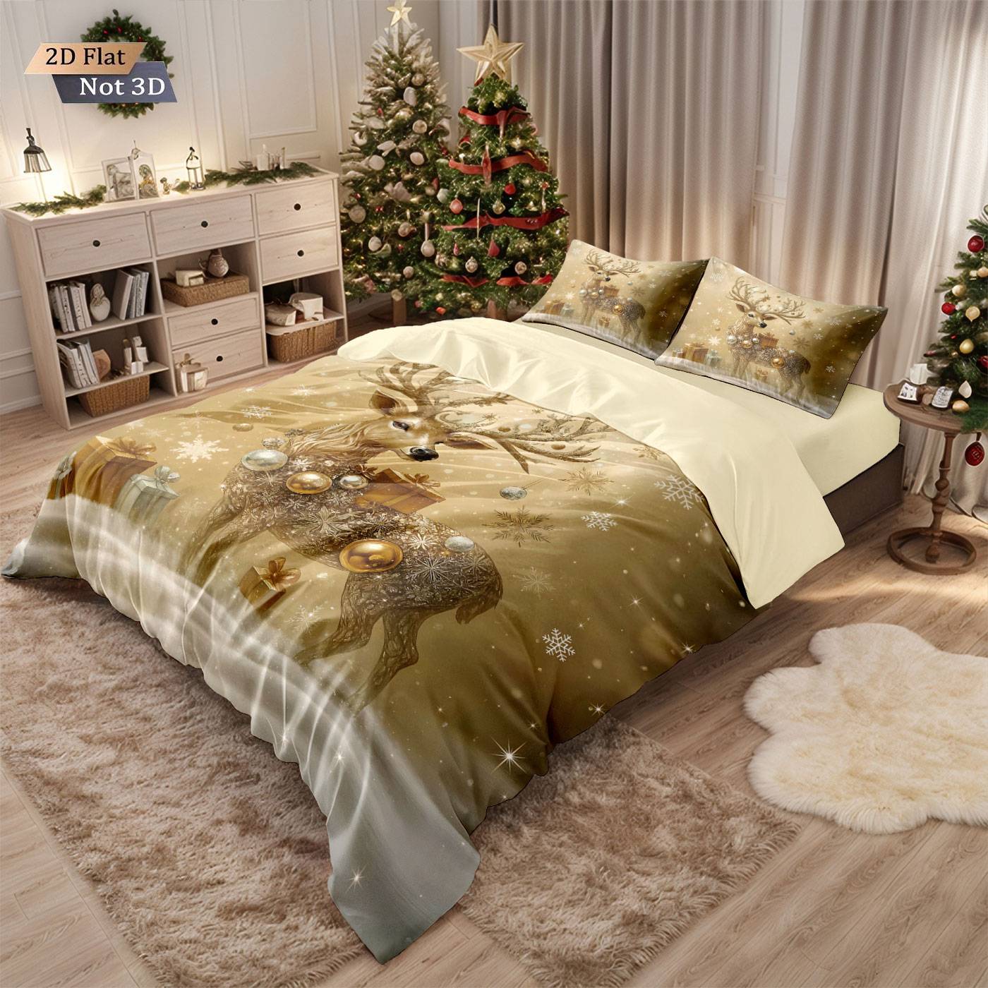 Conjunto de edredom sem enchimento 3 peças com estampa de cervo dourado de Natal, vários tamanhos, roupa de cama para quarto, decoração de feriado, macio e lavável à máquina