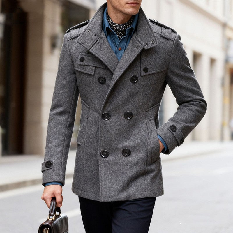 Men's Double-breasted Woolen Overcoat Fashion Solid Color Mid-length Jacket Luxury Light Business Stand Collar Trench Coat M-3XL