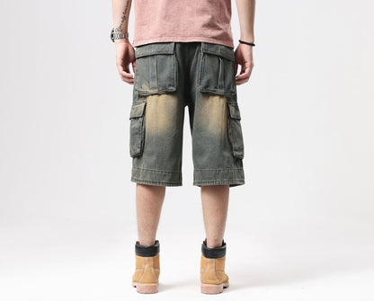 ABOORUN Mens Plus Size Loose Baggy Denim Shorts Fashion Streetwear Hip Hop Skateboard Cargo Jeans Short for Male R1402