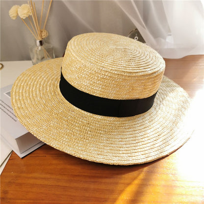 Chapéu de sol feminino de verão com aba larga, Fedora, palha de trigo natural, chapéu de praia, chapéu de sol feminino de ráfia, Panamá Jazz